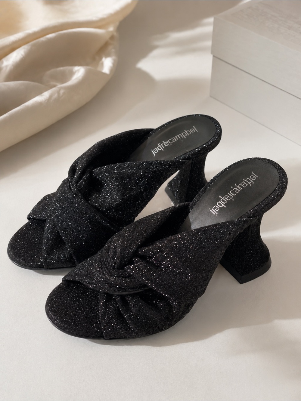 Jeffrey Campbell Black Glitter Knot Mules Size 38